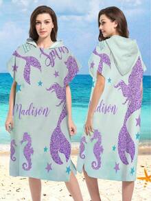 1pc Mermaid Print Hooded Robe - Super Soft Microfiber Beach Pattern, Suitable For Men, Women, Couples As Gift - Beach & Home Decor, Couple Cape | Microfiber Bathrobe, Suitable For All Holidays Back To School - Multicolor - View 10