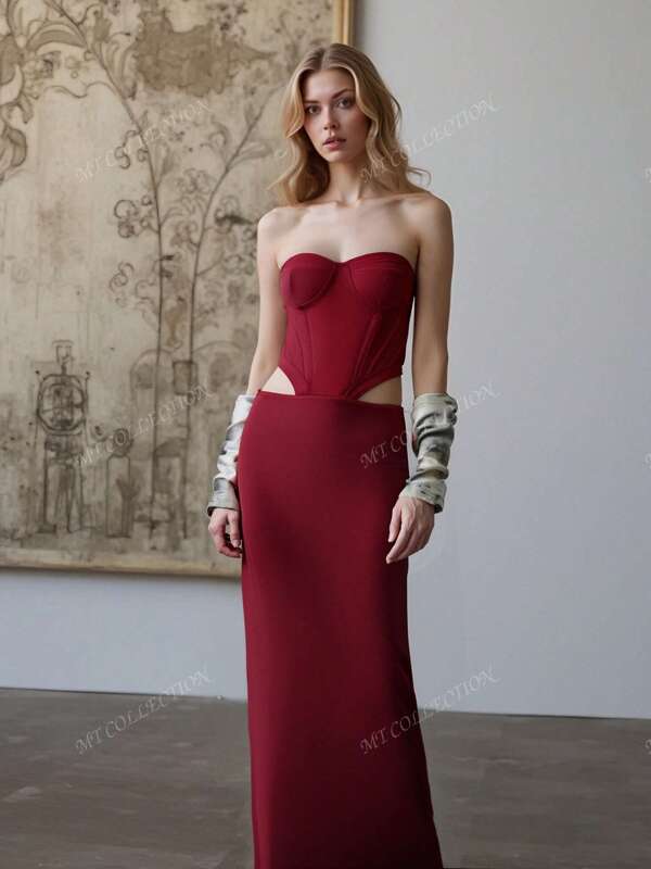 Women Summer Glamorous Sexy Strapless Neckline Decor Boned Bodycon Red Dresses Classy Elegant Party Dress, Wedding Guest Dress, Prom Dress ,Graduation, Dinner Party Dress