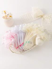 10/1 双女婴春夏季网眼蕾丝袜，纯色荷叶边刺绣，亲肤柔软透气，时尚可爱的公主风格，适合日常穿着、送礼、旅行，搭配公主裙