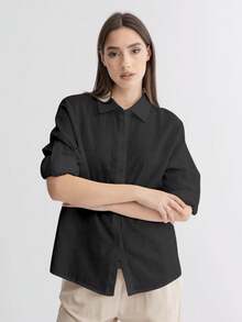 女士休闲单色亚麻衬衫 - 黑色 - 查看 4