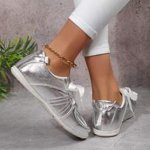 Women's Leather Trainer Shoes With Lace-Up Fashion Sneakers Classic Casual Walking Shoes - 銀色 - 查看 10