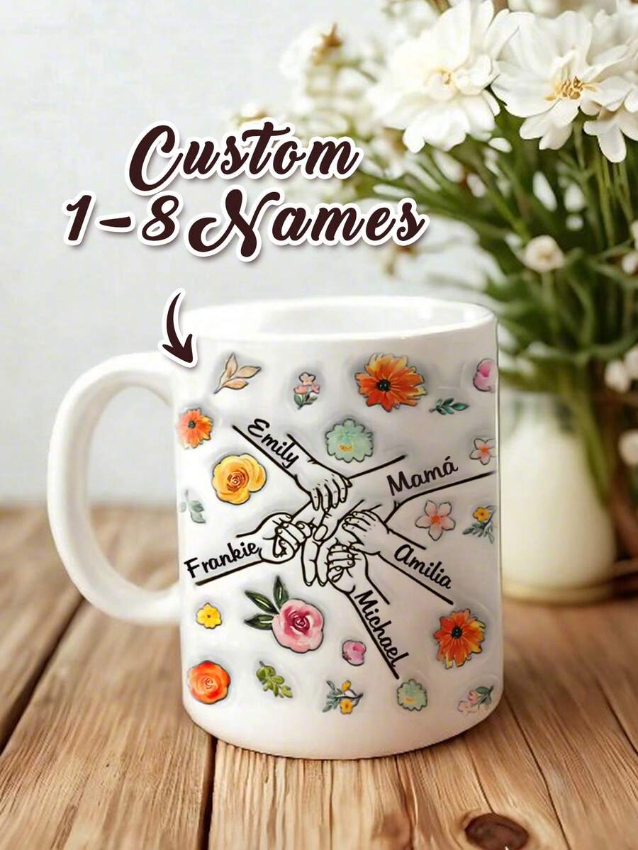 1pc Custom Name Mug For Mother's Day, Personalized Name Coffee Mug, 15oz Personalized Flower Mug, Personalized Text Anniversary Mug, Unique Gift For Women's Day, Housewarming Gifts, Valentine's Gift, Anniversary Gift, Mother's Day Gift, Ideal Gift For Mom, Grandma, Unique Gift For Wife, Thanksgiving Gift, Christmas Gift, Perfect Gift For Mother, Personalized Gift For Her - Style 3 - View 1