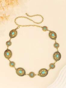 Hollow Floral Oval-Shaped Metallic Waist Chain, Geometric Hiphop Punk Retro Body Chain For Women, Vintage Bohemian Zinc Alloy Waist Belt, Suitable For Spring, Summer, Autumn And Winter