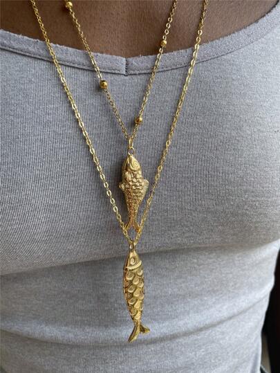 Stainless Steel Gold Fish Pendant Necklace, Titanium Steel Ocean Holiday Series Jewelry Necklace