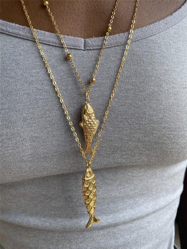 Ketting met gouden vishanger van roestvrij staal, sieradencollectie met oceaanthema