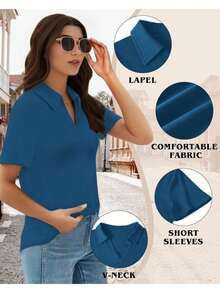 Polo Shirts For Women, V-Neck Business Casual Tops For Women, Summer Lapel Collar Tunic Tops Short Sleeve Work Blouses - 海軍藍 - 查看 2