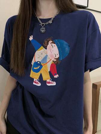 日式女式宽松圆领休闲印花短袖T恤，春夏