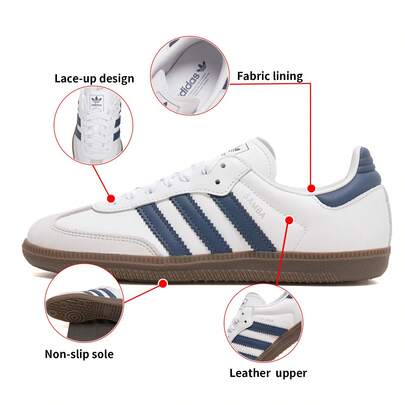  Tênis Unissex Adidas Samba OG, Cabedal de Couro com Recorte de Camurça, Tênis Casuais de Cano Baixo Leve e Confortável para Uso Diário e Outdoor