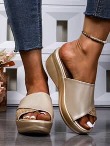 女士时尚厚底人字拖，软底防滑耐磨沙滩凉鞋，休闲露趾坡跟拖鞋，EVA 外底 - 时尚休闲沙滩鞋、凉鞋