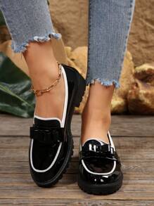 Women's Casual Contrast Color Leather Loafers, College Style