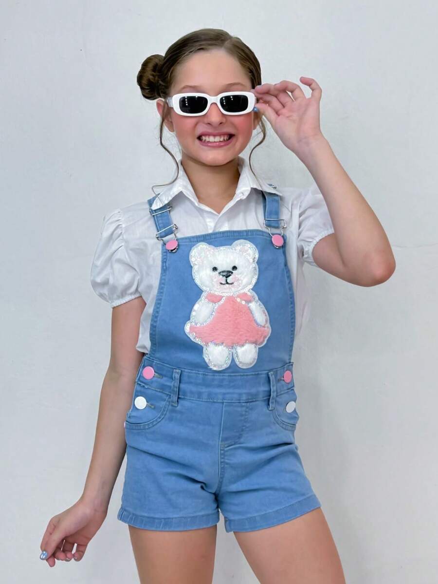 Victoria Jeans Macacão Jardineira Jeans Short Infantil Ursinha Charmosa - Lavagem clara - Visão 1