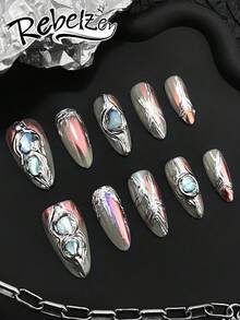 Long, Versatile Almond-Shaped Press-On Nails In Mixed Greens - Durable Metal Finish Perfect For Trendsetters, Easy To Apply For Parties And Daily Wear,DIY, Halloween Nails,Reusable Nail Supplies For Girls, Ladies In Wedding, Party, Holiday Scenes, Gift A Set Of Nail Kit - Multicolor - View 5