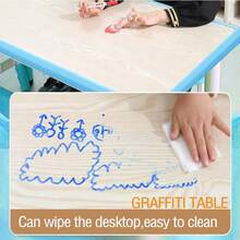 Huisuilinss Kids Table And 6 Chairs Set,Toddler Table And Chair Set,Height Adjustable Children Multi-Activity Table,Kids Study Table Activity Table With Graffiti Desktop,Non-Slip Legs For Ages 2-10,Daycare Classroom Preschool - 藍色 - 查看 2