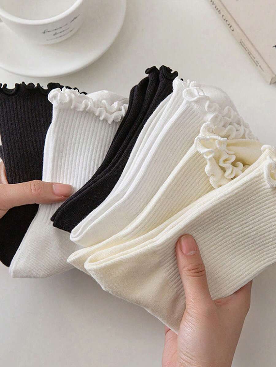 5 Pairs Women's Ruffled Frilled Mid-Calf Socks, White Lolita Style Crew Socks For Spring, Autumn & Winter - Multicolor - View 1