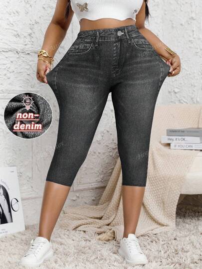 Plus Size Women High Stretch Jegging Leggings, Full-Body Faux Denim Print Pattern, Washable, 7/8 Length Casual Comfortable Fashion Knit Pants For Outdoor & Sports