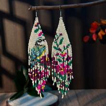 AHAYA Handmade Beaded Tassel Earrings Official Website Original Design Bird Flower Asymmetric Bohemian Style Seed Bead Pendant Earrings Women's Jewelry Gift For Women