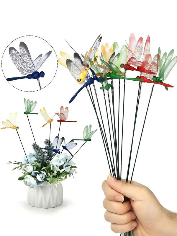 10pcs Artificial Dragonflies,3D Dragonfly Garden Decor Dragon Fly Garden Stakes Dragonflies Garden Ornaments Patio Decoration Dragonfly Stakes With Sticks, Dragonfly Garden Decoration Courtyard Decoration Dragonfly Peg With Stick Modern Dragonfly Design Garden Ornament For Home With Stems For Garden/ Shop/ Home Wall Decoration 3D Movable Garden/Flower/Party Indoor And Outdoor Garden Planter Decoration