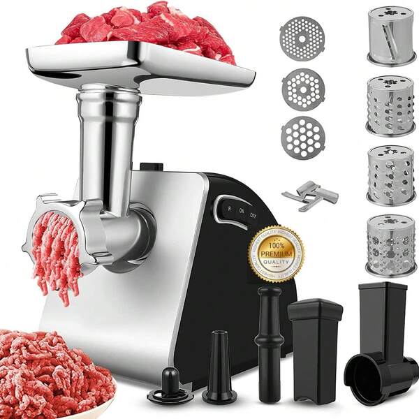 Picadora de carne eléctrica de 2000 W, cortadora de verduras, procesador de alimentos multifunción 3 en 1, cortadora de verduras y máquina para hacer salchichas con 3 discos perforados, 4 cuchillas cónicas, para picar carne, cortar verduras, hacer salchichas, etc.