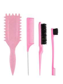 4件套卷发刷套装，包含侧刷、鼠尾梳和双头梳。适合男士、女士和儿童，适用于所有发质，卷发丰盈梳，日常美发造型工具，顺发梳 - 彩色 - 查看 2