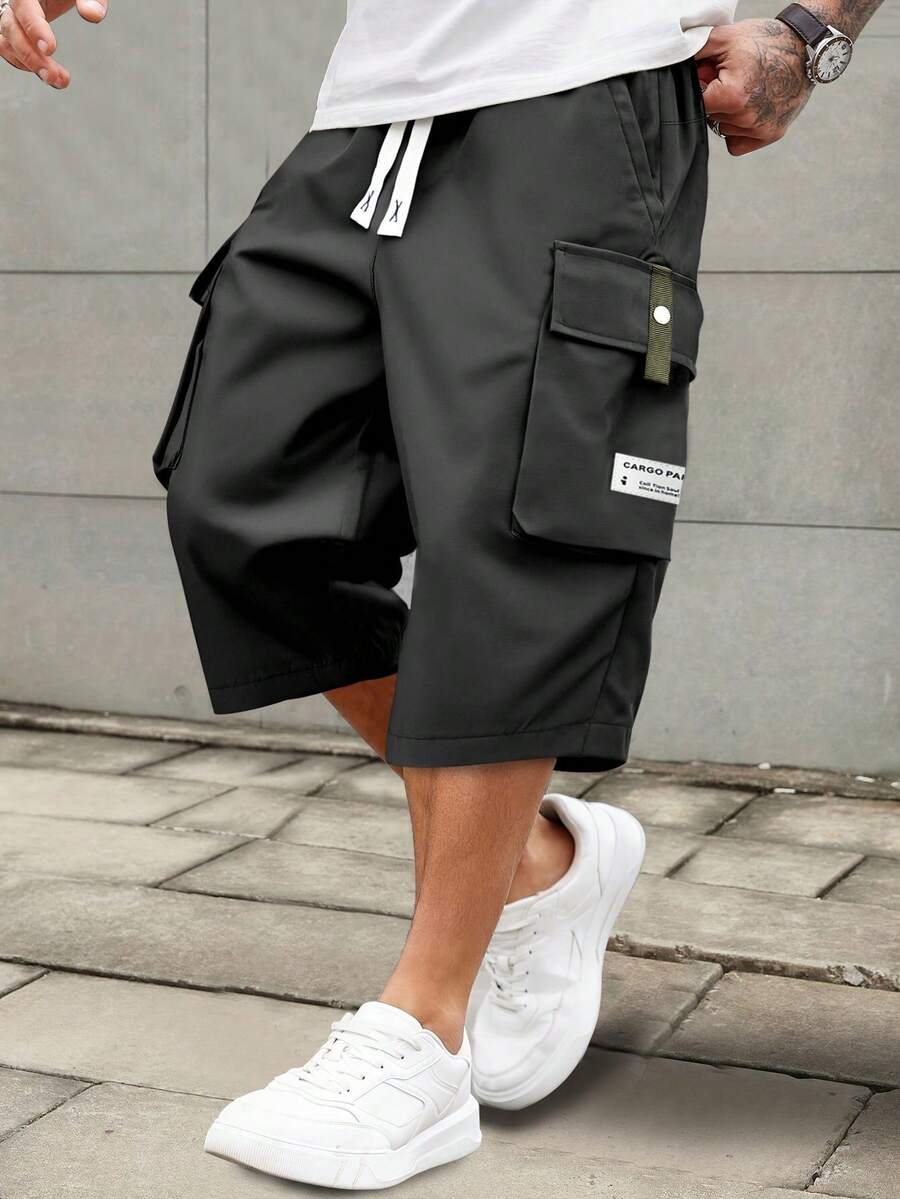 Men's Lightweight Cargo 3/4 Length Shorts, Drawstring Waist Big Pockets Letter Patch, Fashionable Casual Sports Pants Suitable For Daily Wear And Outdoor Activities - màu đen - Xem 1