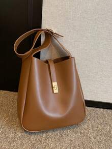 New Fashion Solid Color Tote Bag, Large Capacity Bucket Bag, Casual All-Match Shoulder Bag, Commute & Work Suitable - Brown - View 5