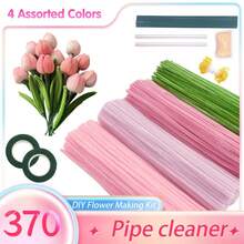 370 Pcs Pipe Cleaners Craft, 4 Assorted Colors Pipe Cleaners Bulk, Chenille Stems For DIY Flower Making Kit With Floral Wires, Gardening Tape, Stamen& Ribbon, Holiday Gifts Pipe Cleaner Decorations,Holiday Decorations With Chenille Stems