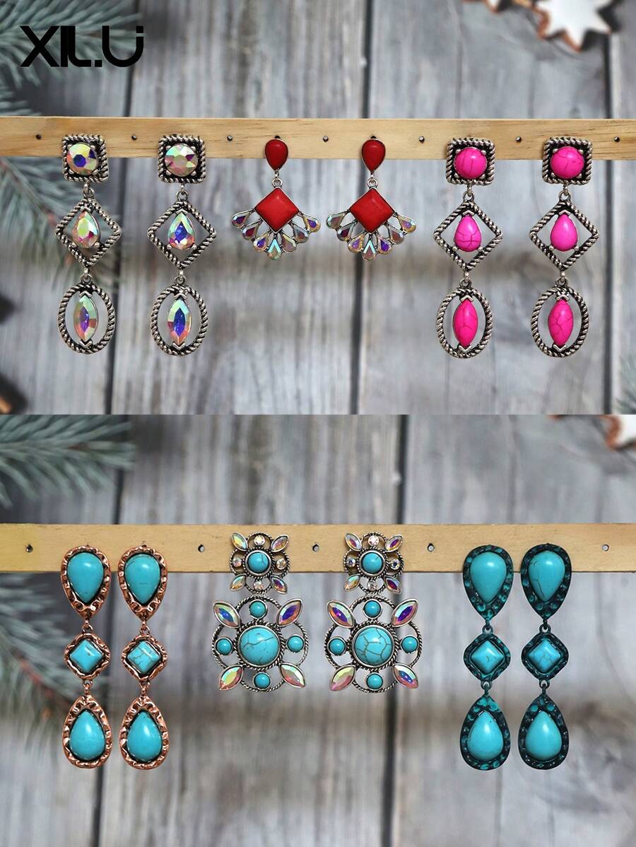 1 par de pendientes con colgante geométrico de colores múltiples con estilo vintage europeo para mujeres