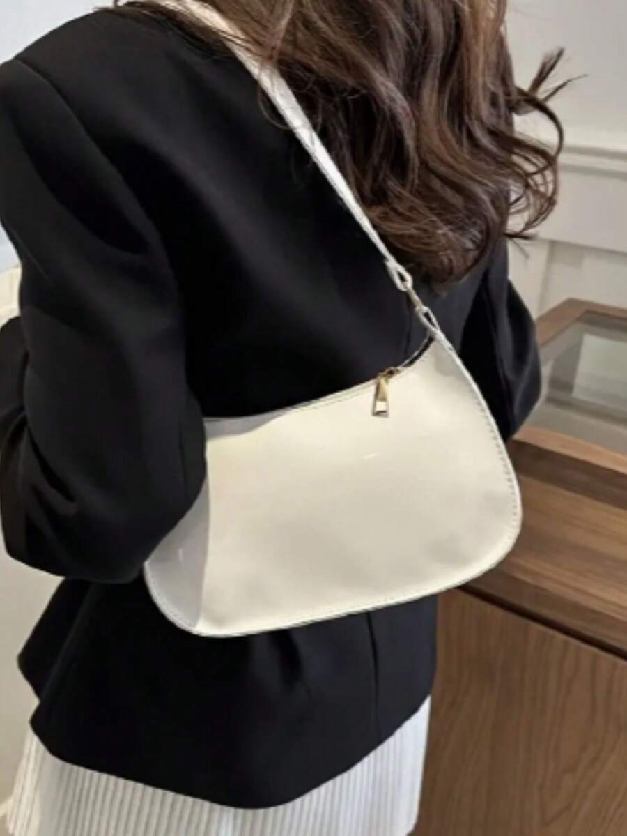Women's Patent Leather Bag, Moon Baguette Model, Zipper Closure! - 象牙色 - 查看 1