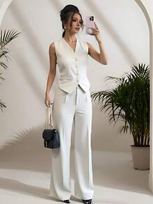 Zalla Women's Short Vest And Tailored Pants Set With Buttons, Formal And Elegant - Beige - View 4