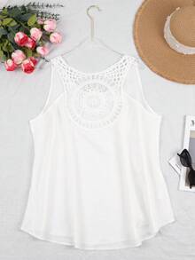Plus 女士蕾丝镂空拼接后背无袖优雅背心 - 白色 - 查看 3