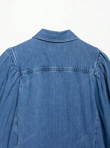 ZEVITY Plain Color Pleated Sleeve Single-Breasted Casual Denim Top
