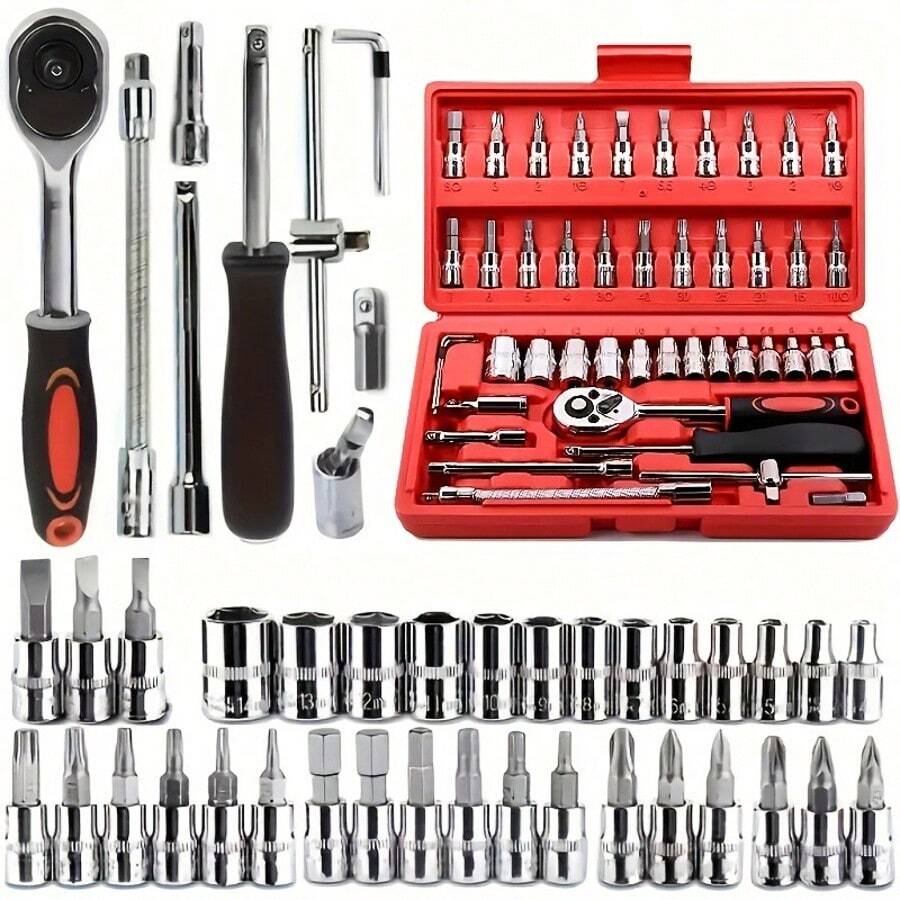 46 Piece Car Repair Tool Set: Ratchet Torque Wrench, Wrench, Screwdriver, Socket Set Combination - Perfect For Car Repair And Sliding Tool Set - Nhiều màu - Xem 1