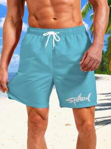 3 piezas Pantalones cortos de verano para hombre con cordón, estampado gráfico de letra de tiburón en estilo hawaiano, esencial para vacaciones