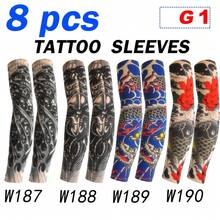 8 件装纹身袖套 - 无缝透气臂套，适合骑行和驾驶 | 防晒降温尼龙面料袖套，覆盖手臂，仿纹身臂套，秋季服装，万圣节装扮，黑色臂套，男士礼物