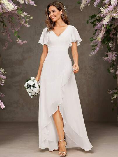 EVERPRETTY Rochie elegantă de seară albă cu mâneci volane, tiv asimetric, pentru petrecerea burlacilor, rochie de mireasă, rochie de logodnă