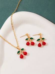 3pcs/Set Red Cherry Pendant Necklace & Earrings Jewelry Set, Cute & Sweet