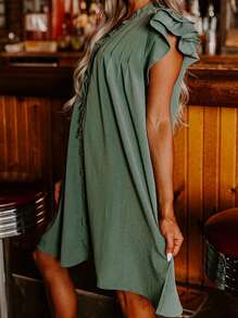 Acelitt Summer Fog Green Ruffled Sleeves V-Neck Ruffled Casual Dress