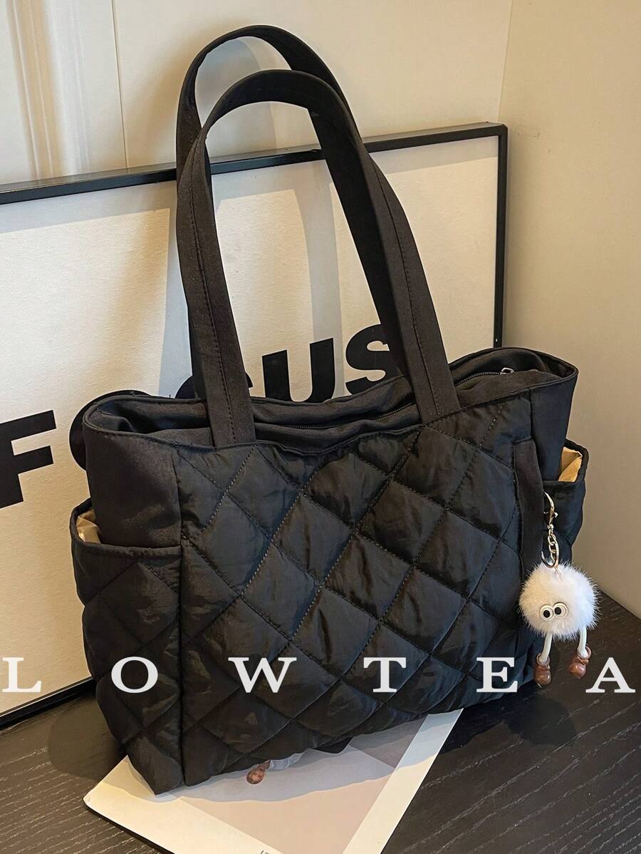 New Fashion Large Capacity Quilted Diamond Design Double Handle Shoulder Tote Bag, Lightweight And Portable, Women's Wallet, Suitable For Outdoor Travel In Summer, Decorated With Animal Pendants, Travel Essential Backpack