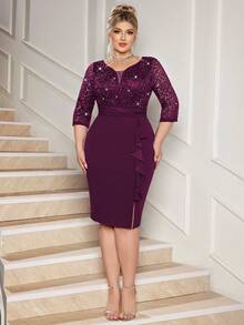 Plus Deep V-Neck Sequin Floral Lace Contrast Ruffle Trim Split Hem Evening Party Bodycon Dress, Semi Formal Wedding Guest Dress, For Birthday, Graduation, Dinner, Homecoming - Màu Tím - Xem 10