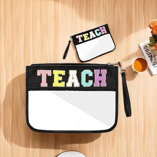 1 peça bolsa de maquiagem com zíper de PVC transparente, preta, à prova d'água, com bordado personalizado, letras de chenille, bolsa de cosméticos com letras para guardar lápis, para professores, alunos, presentes para o dia dos professores, itens essenciais para viagem, férias de verão, volta às aulas, bolsa de viagem para mulheres, bolsa de maquiagem para viagem