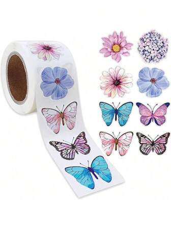 500pcs/Roll, 2.5cm Butterfly & Flower Shaped Stickers, Decorative Gift Box Stickers Labels (Random Color),School Supplies,Back To School