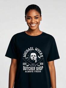 Camiseta Estampado Playera de algodón negra con estampa de Michael Myers y carnicería - Negro - Ver 1