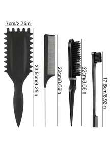 4件套卷发刷套装，包含侧刷、鼠尾梳和双头梳。适合男士、女士和儿童，适用于所有发质，卷发丰盈梳，日常美发造型工具，顺发梳 - 彩色 - 查看 10