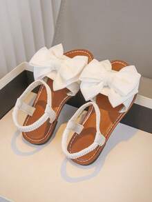 1 par de sandálias rasteiras femininas de cor sólida com design de faixa elástica com laço grande, modernas e simples, adequadas para o verão - Branco - Ver 2