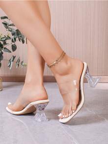 透明水晶女士夏季新款方头不对称高跟性感百搭米色、杏色、绿色透明PVC绑带派对高跟凉鞋