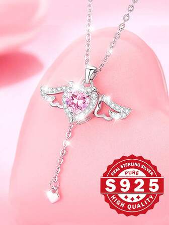 S925 Sterlingsilver Amorhjärta Cubic Zirconia Halsband, Angel Wings hängande halsband, Glittrande sten nyckelbenskedja, fransk elegant romantisk stil, Lämplig för charmiga och fashionabla damer, Perfekt för alla hjärtans dag, födelsedag, förlovning, jubileumspresenter, fest eller daglig klädsel, kommer i presentförpackning