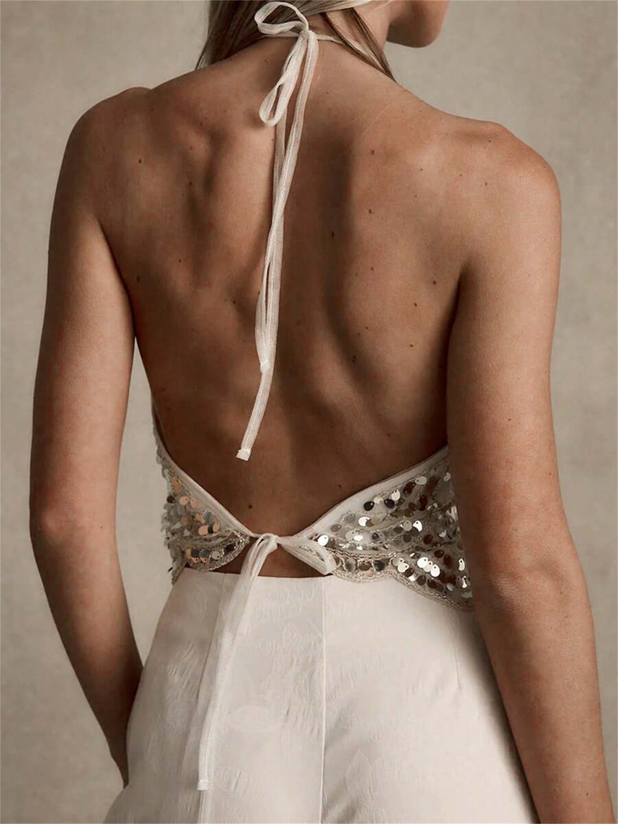 Top halter para mujer, sin mangas y con tiras para atar, con lentejuelas y espalda descubierta; chaleco de verano ideal para fiestas y discotecas. - Blanco - Ver 1