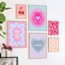 1 Stück Geschenk Moderne abstrakte Rosa Lila dänische Pastellfarben Herz Kirschblüten Schmetterling Poster, nordische Schlafzimmer Wandkunst Druckbild Raumdekoration mit optionalem Rahmen - Verschiedenfarbig - Übersicht 2