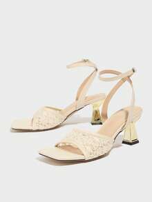 New Stylish High-End Wedding Heels For Women, Spring/Summer Fashion Square Toe 3D Hollow Mesh Platform Sandals, Hawaiian Floral Cutout Soft Comfortable Sexy Slides, Suitable For Outdoor Party, Nightclub, Fashion Show, Casual, Apricot Color - Apricot - View 6