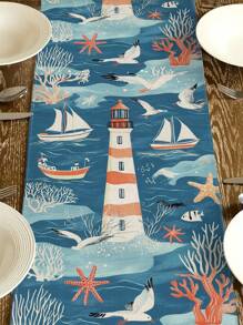 1pc Ocean Theme Turtle, Shell, Coral, Lighthouse Printed Table Runner, Kitchen Dining Room Decor, Holiday Decorative Table Runner, Home Party Decor, Home Decor, Scenic Decor, Outdoor Dining Table, Coffee Table Decorative Flag